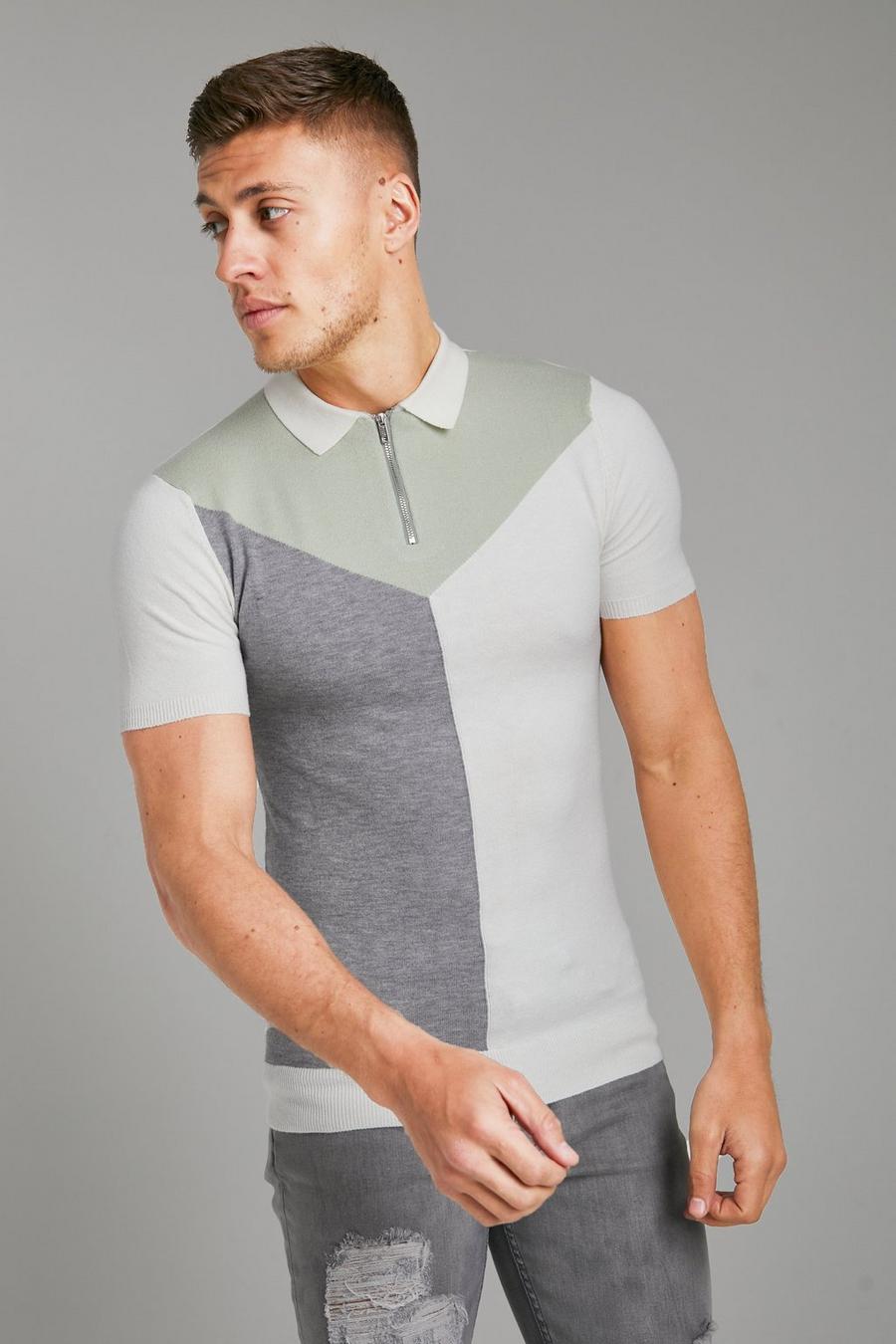 Sage Muscle Fit Colour Block Knitted Polo image number 1