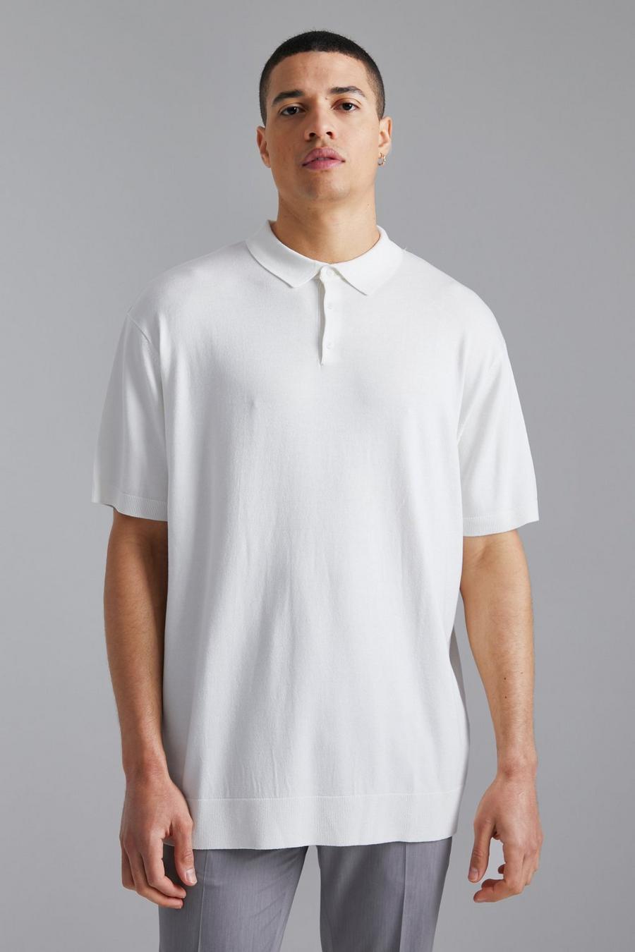 White Oversized Knitted Short Sleeve Polo image number 1