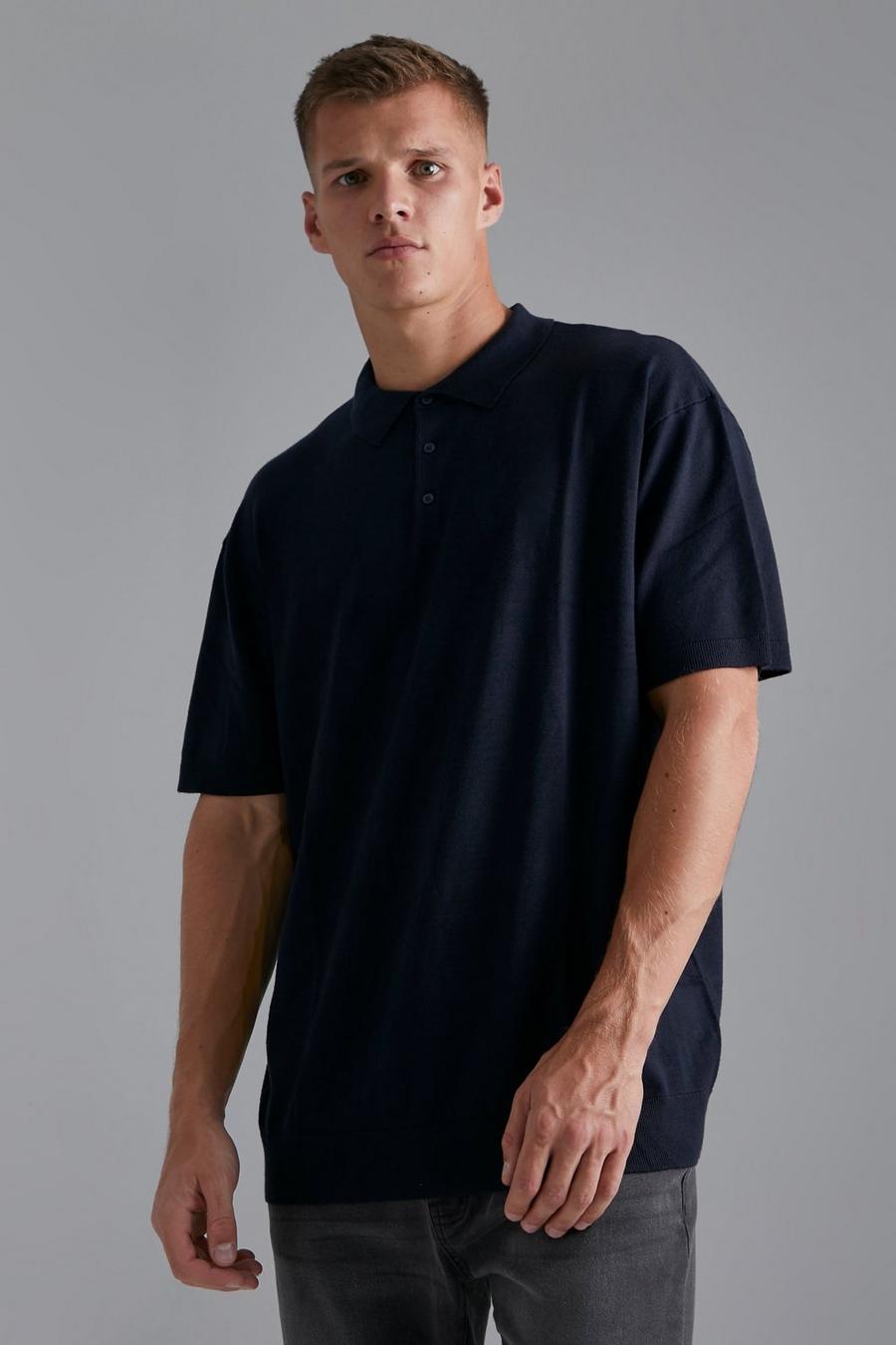 Navy Oversized Knitted Short Sleeve Polo image number 1