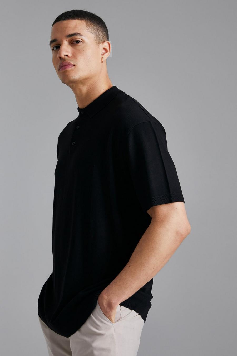 Black Oversized Knitted Short Sleeve Polo image number 1
