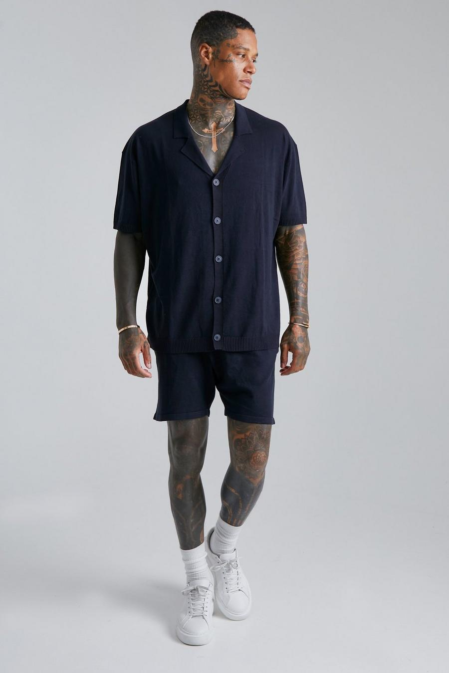 Navy azul marino Relaxed Fit Knitted Shirt & Shorts Set