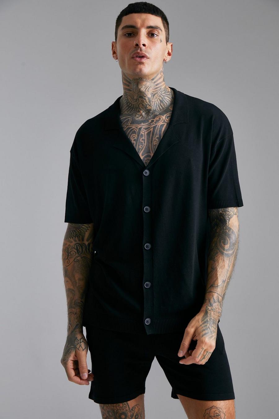 Black negro Relaxed Fit Knitted Shirt & Shorts Set