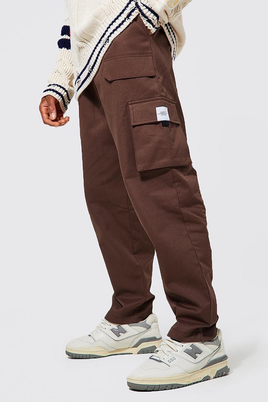 Pantalón cargo de sarga holgado con cinturón, Chocolate marrón image number 1