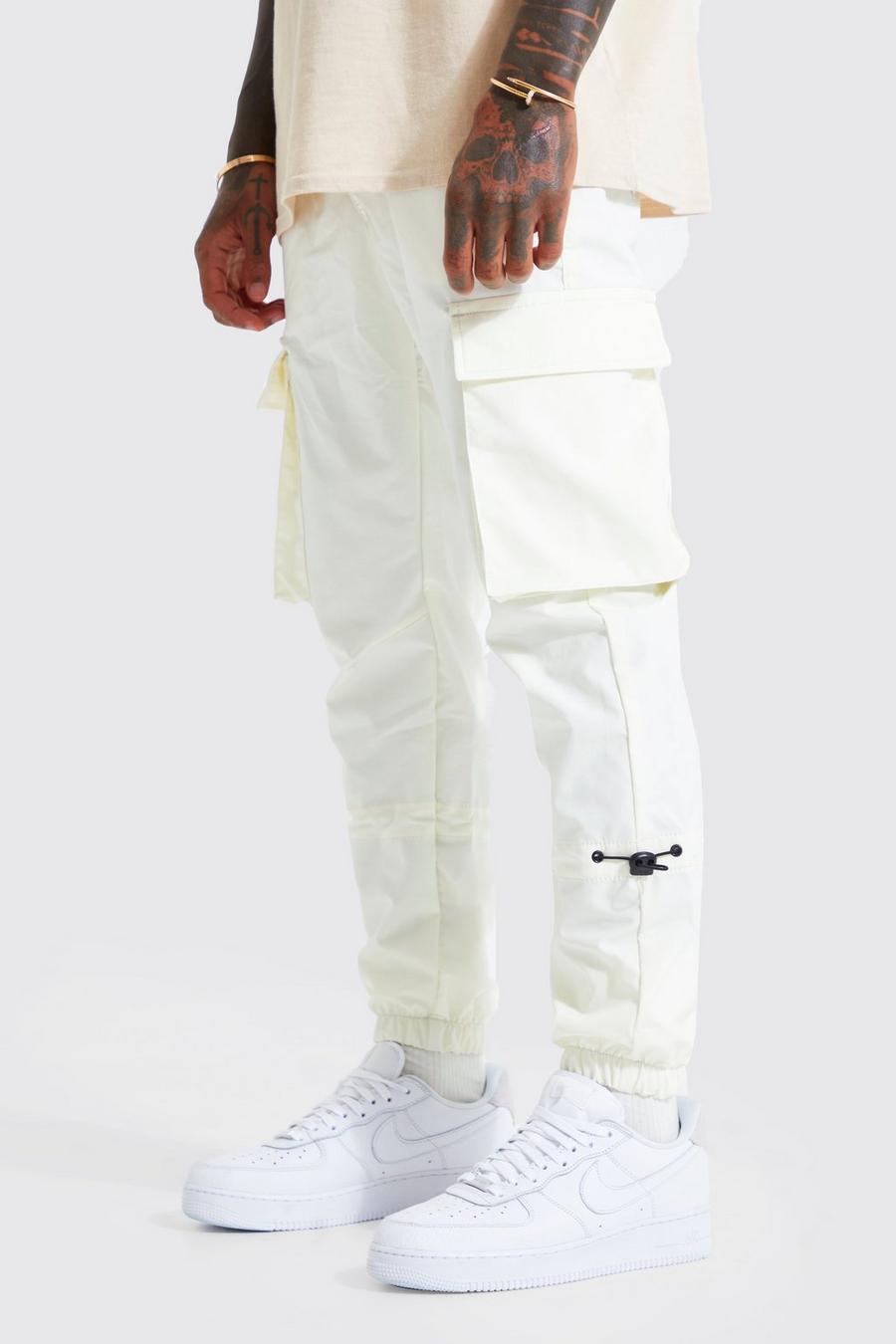 Ecru white Elastic Waist Slim Fit Cargo Trouser With Belt