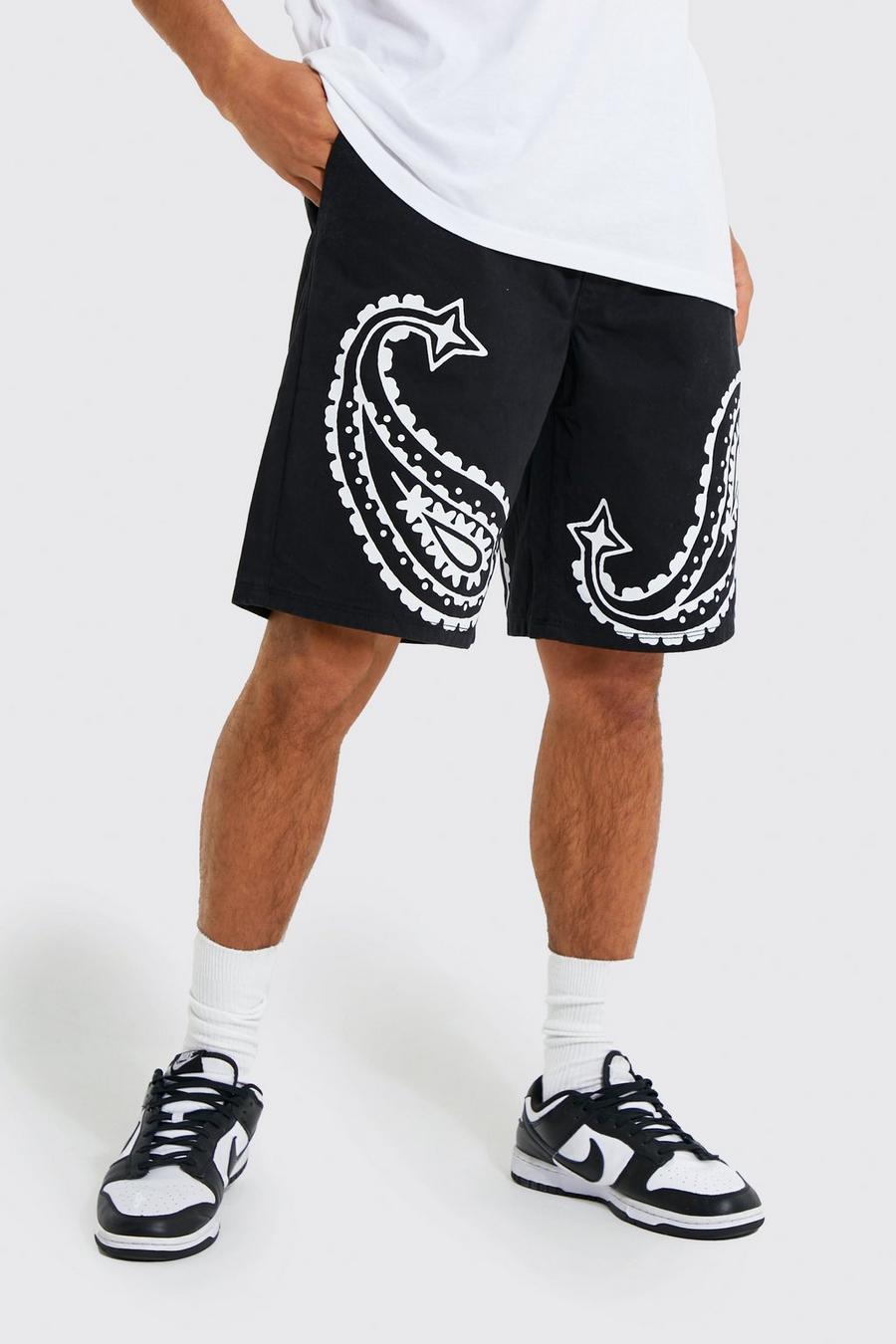 Black Regular Fit Twill Shorts With Paisley Print