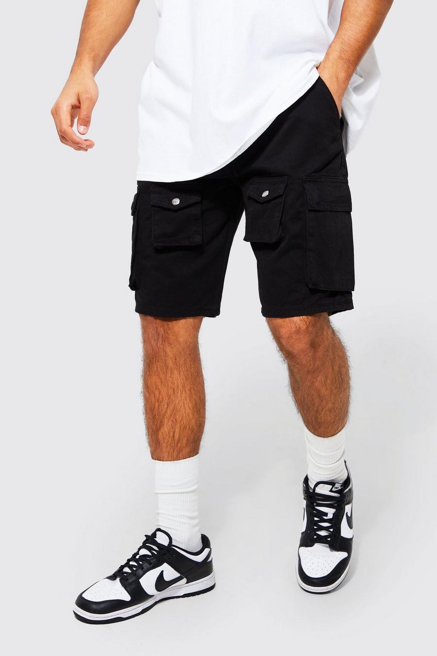Black Relaxed Fit Multi pocket Cargo Shorts image number 1