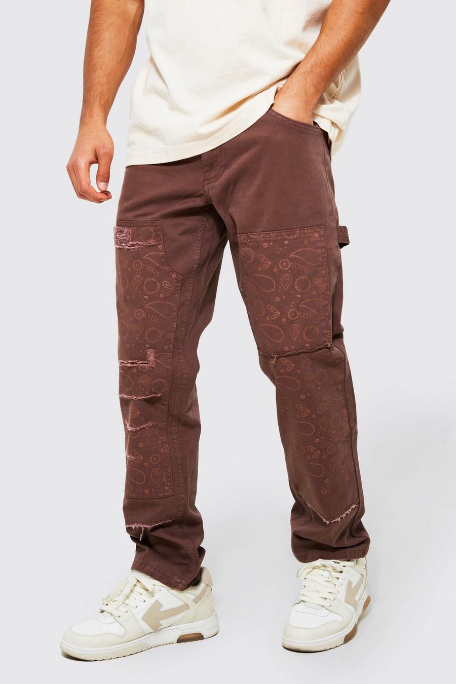 Pantalón estilo obrero de pernera recta roto, Chocolate marrón