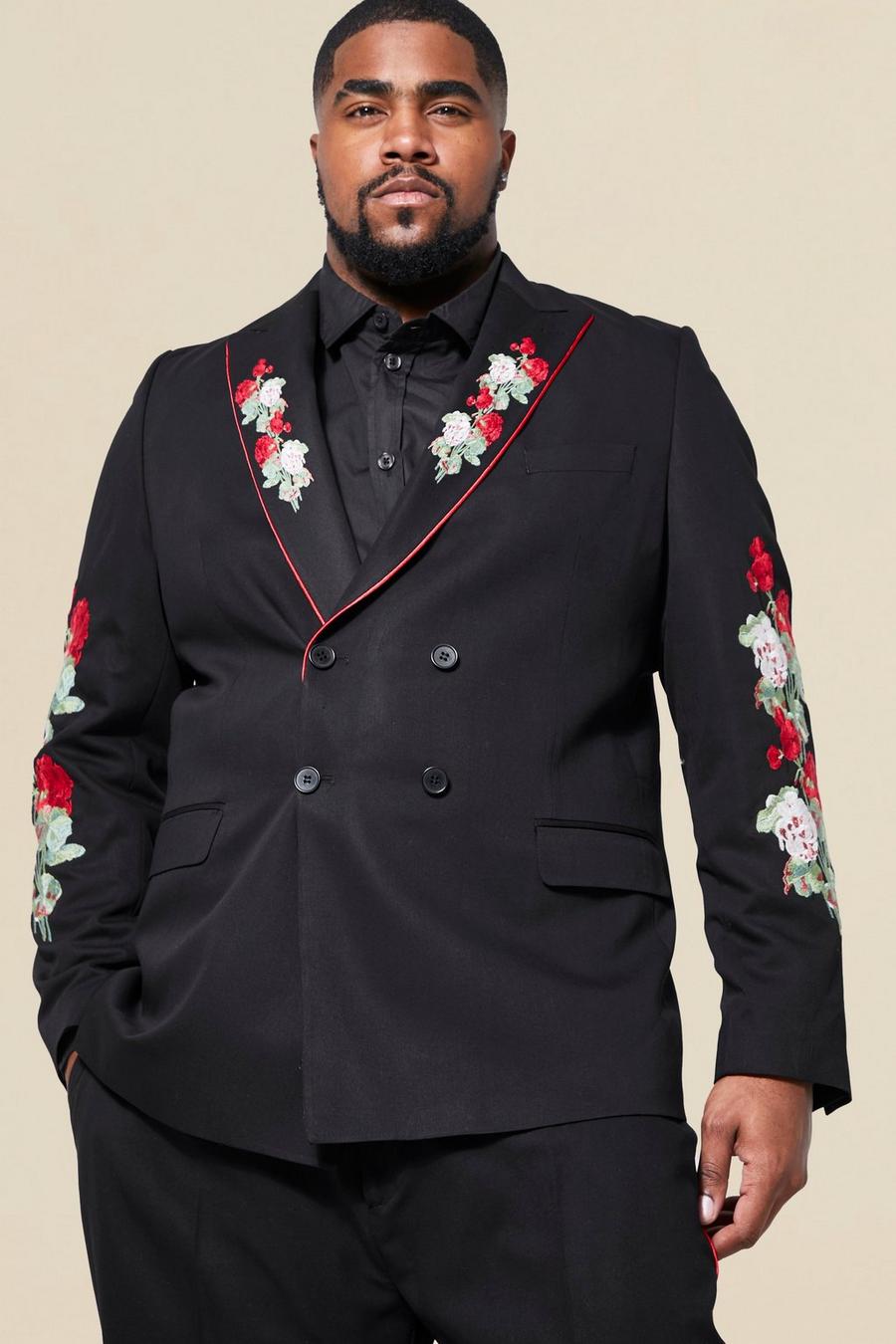Chaqueta Plus de traje ajustada con botonadura doble y estampado de flores, Black image number 1