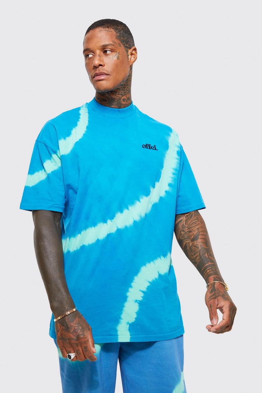 T-shirt oversize Offcl in fantasia tie dye con girocollo esteso, Blue azzurro