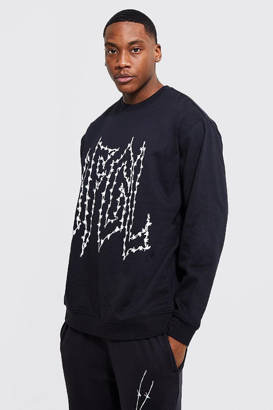 Black Oversized Barbed Wire Print Sweat