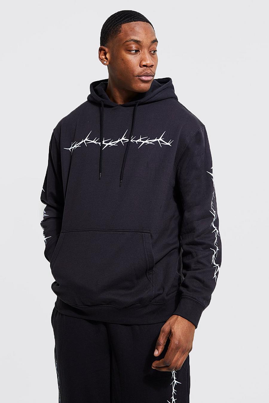 Black schwarz Oversized Recycled Barbed Wire Print Hoodie