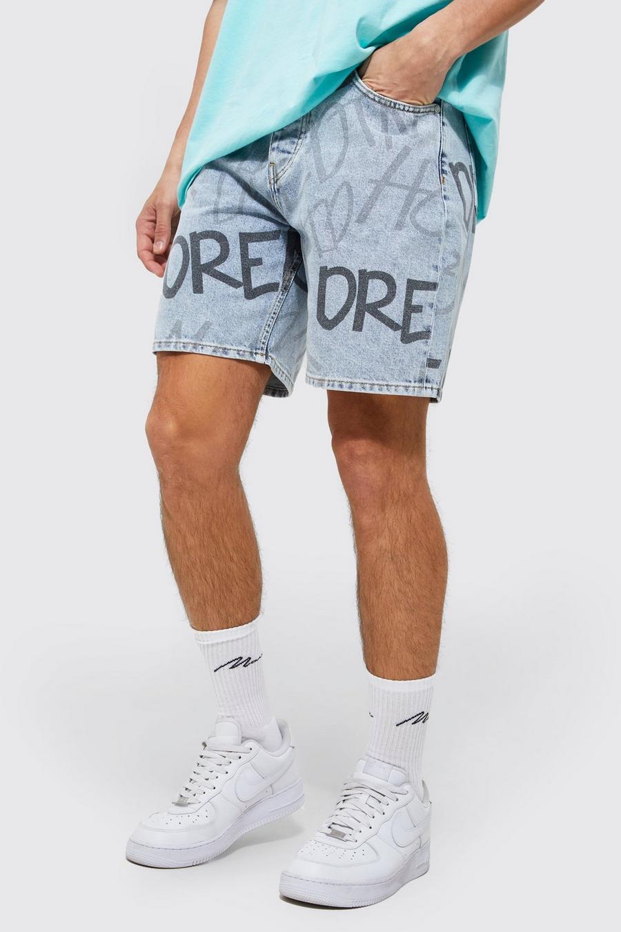 Ice blue Relaxed Fit Text Print Denim Short image number 1