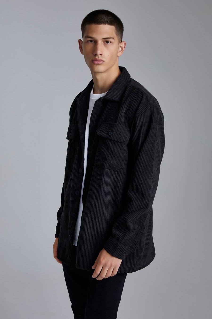 Black Oversized Cord Utility Shirt With Woven Tab  image number 1