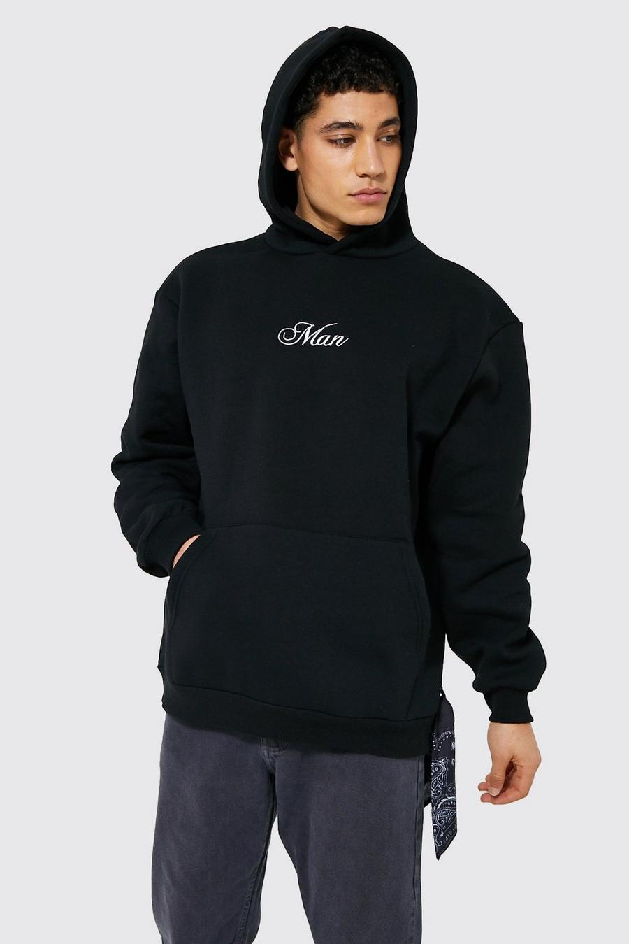 Black Oversized Man Embroidered Hoodie With Bandana