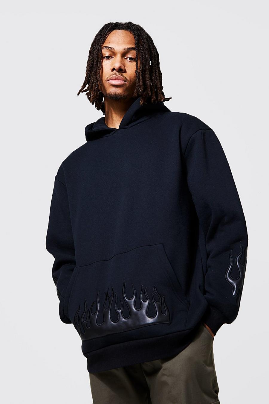 Black Oversized Pu Leather Flame Hoodie image number 1