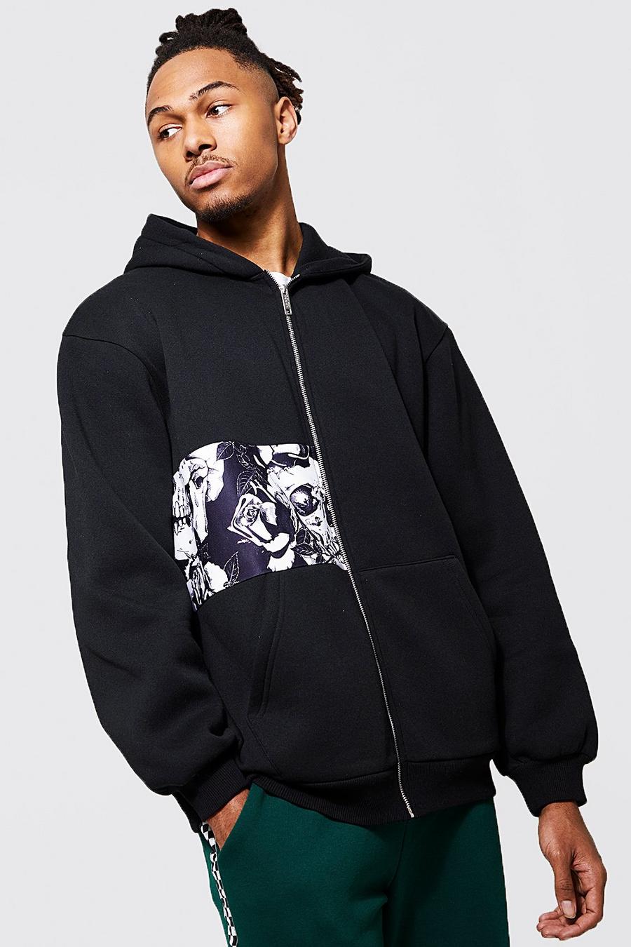 Black Oversize mönstrad hoodie med dragkedja image number 1