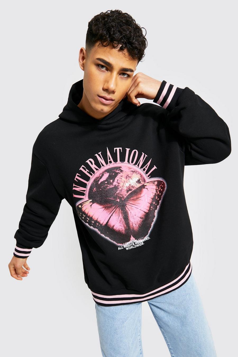 Black Oversized Butterfly Graphic Sport Rib Hoodie image number 1