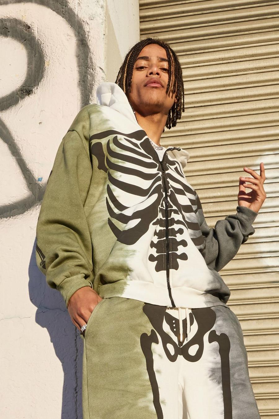 Ecru Oversize batikmönstrad hoodie med dragkedja och skelett image number 1