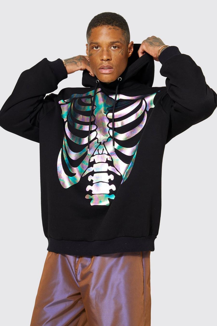 Black Oversized Iridescent Skeleton Print Hoodie image number 1