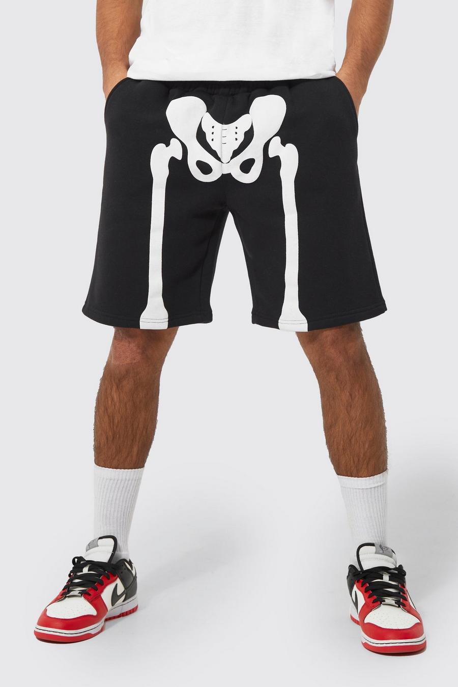 Black Loose Fit Skeleton Print Shorts image number 1