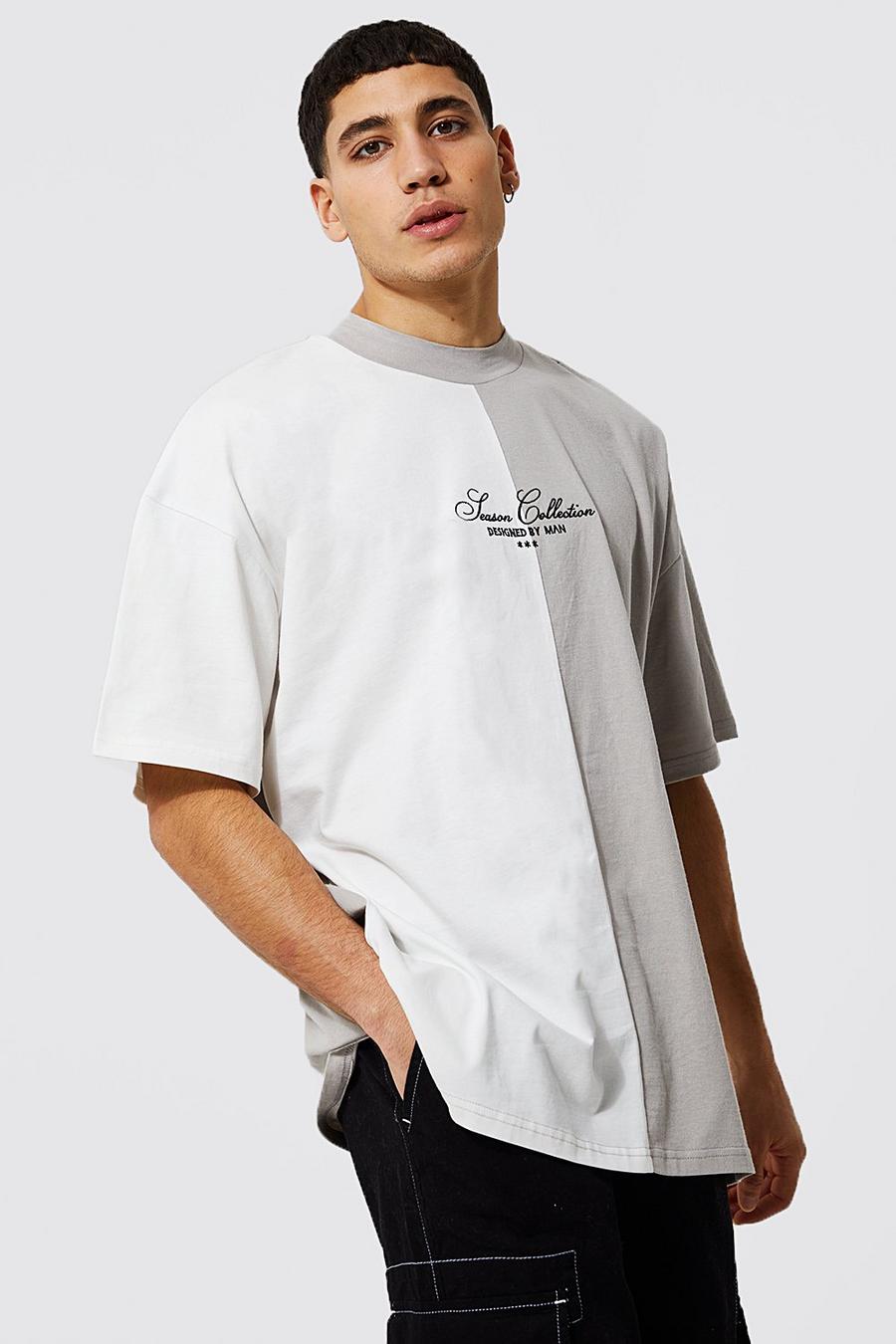 T-shirt oversize Man effetto patchwork con girocollo esteso, Sand beige