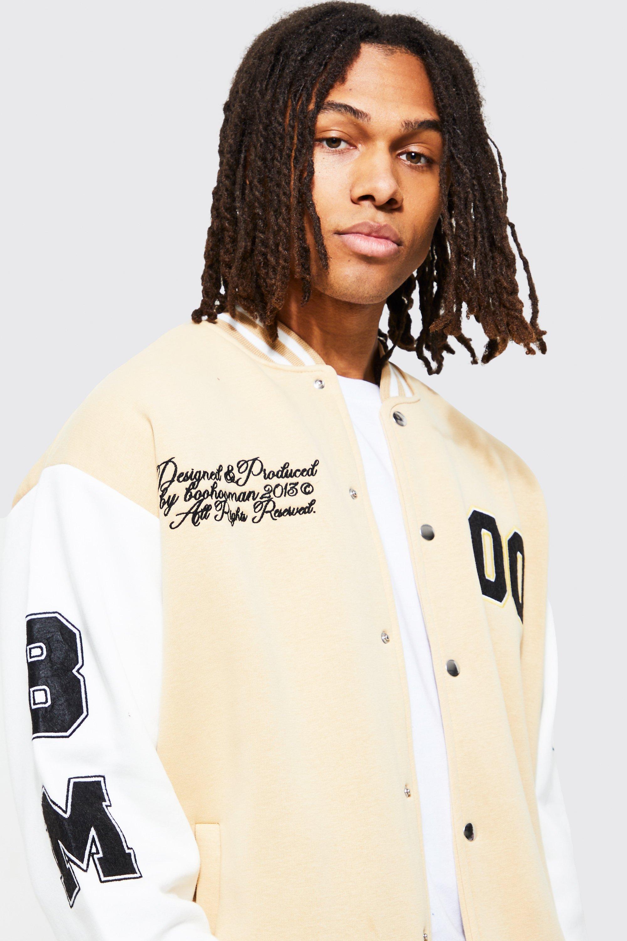 BoohooMAN Plus Red and White Cotton Jersey Bomber Varsity Jacket with Badges