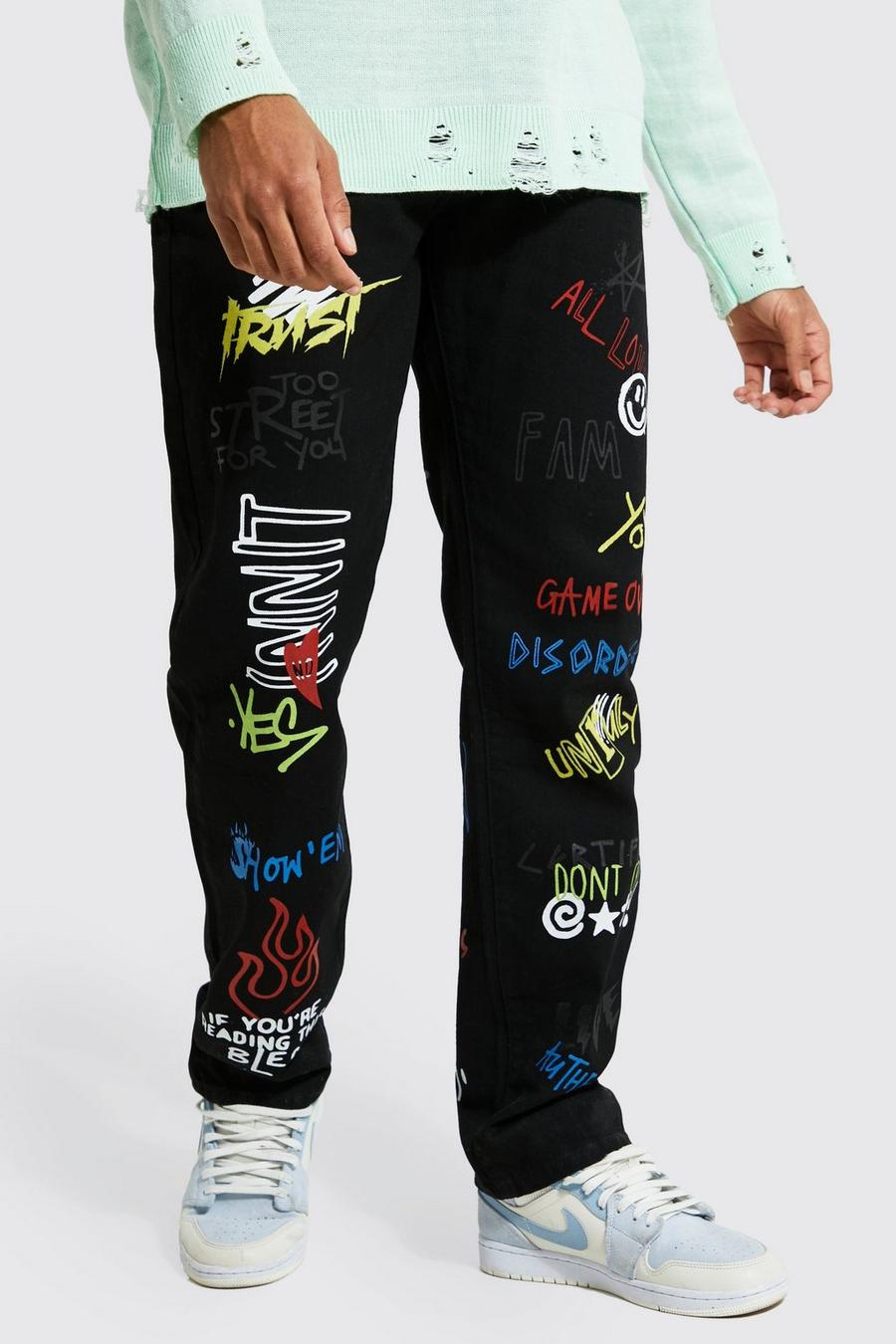 True black Relaxed Fit All Over Graffiti Jeans  image number 1