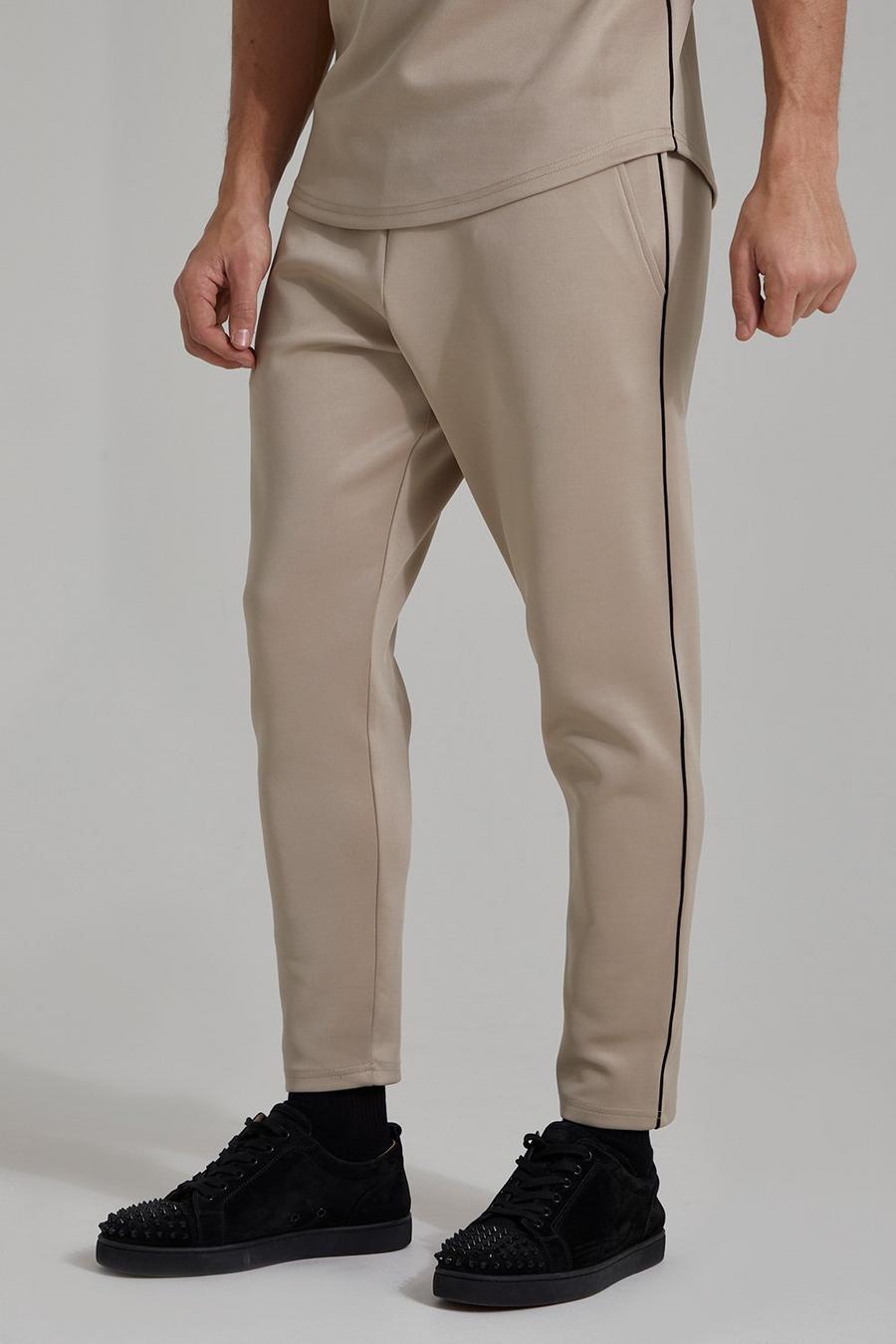 Stone beige Cropped Tapered Scuba Jogger With Piping