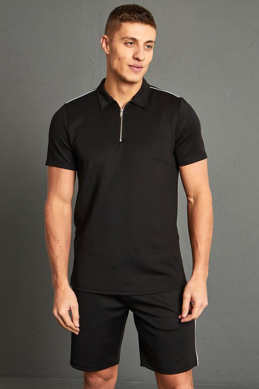 Black Smart Slim Fit Scuba Zip Polo With Piping image number 1