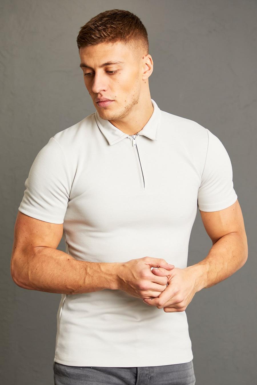Grey Smart Muscle Fit Zip Neck Polo image number 1