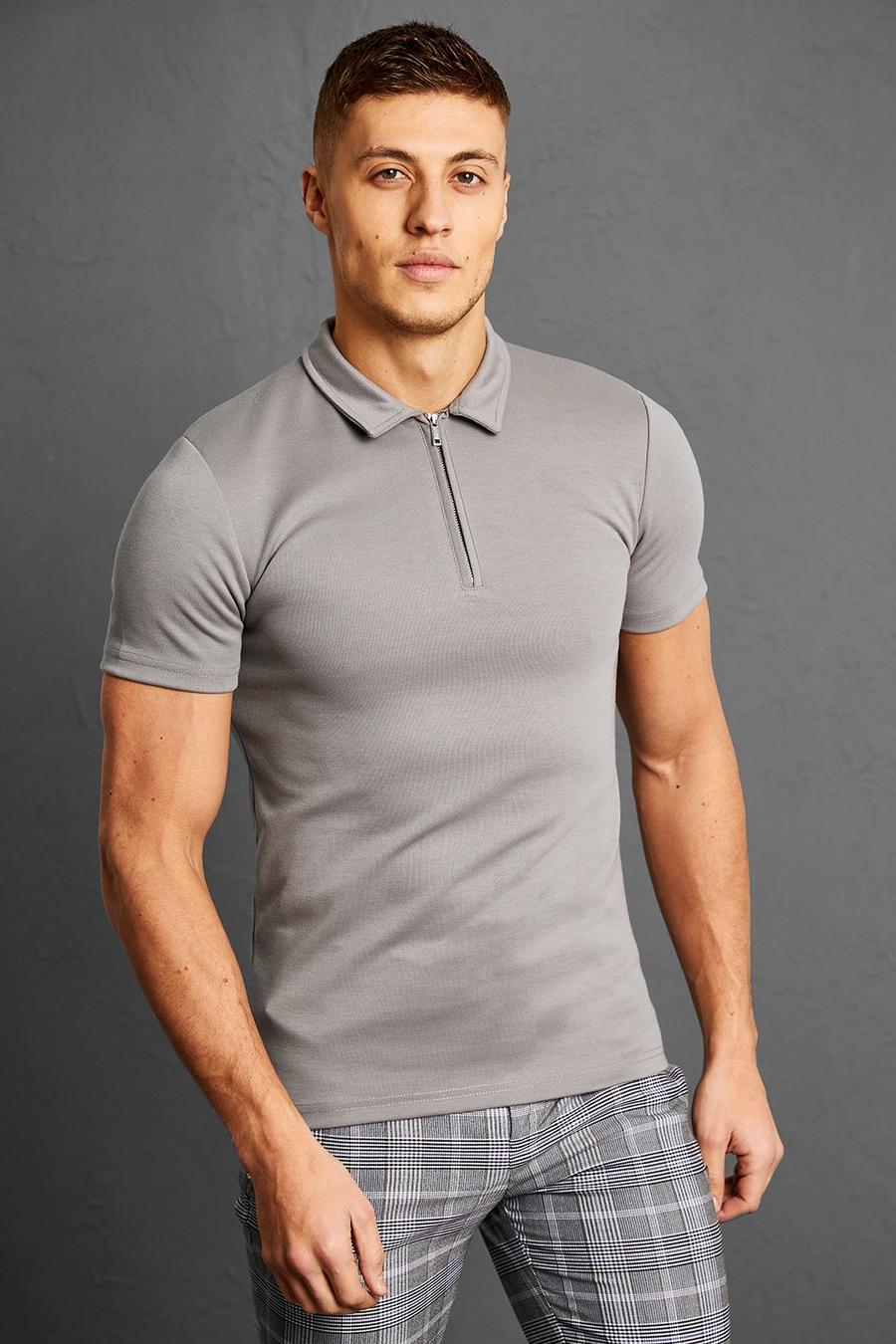 Charcoal grey Smart Muscle Fit Zip Neck Polo