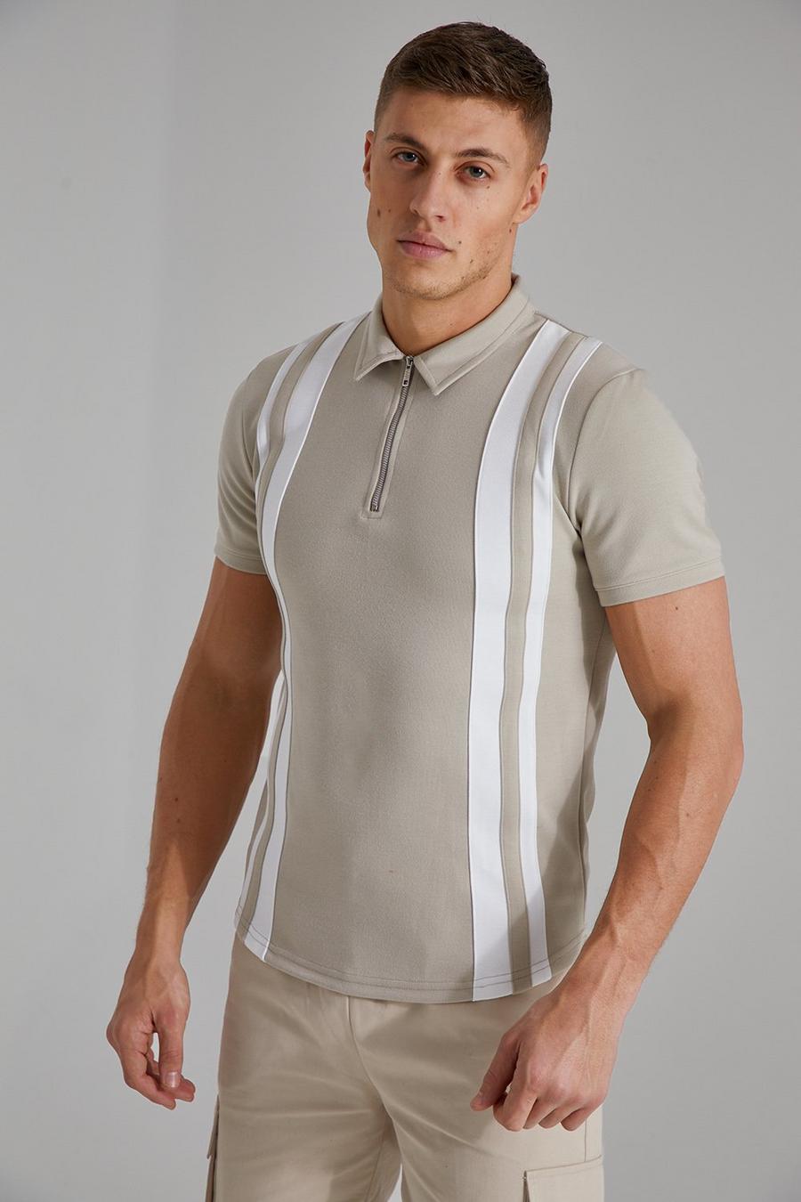 Stone Smart Muscle Fit Panelled Zip Polo image number 1