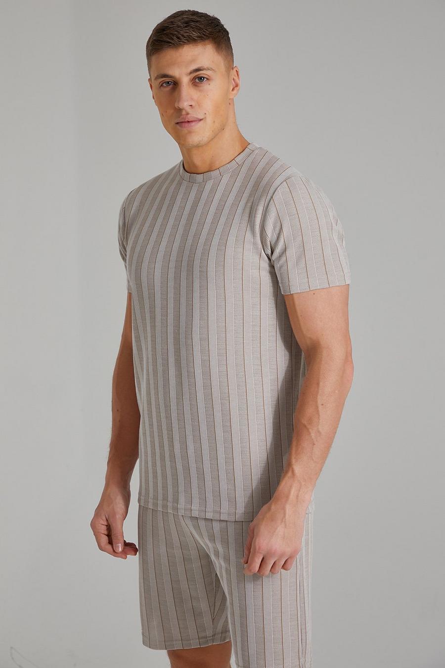 T-shirt Slim Fit in jacquard a righe, Sand beige