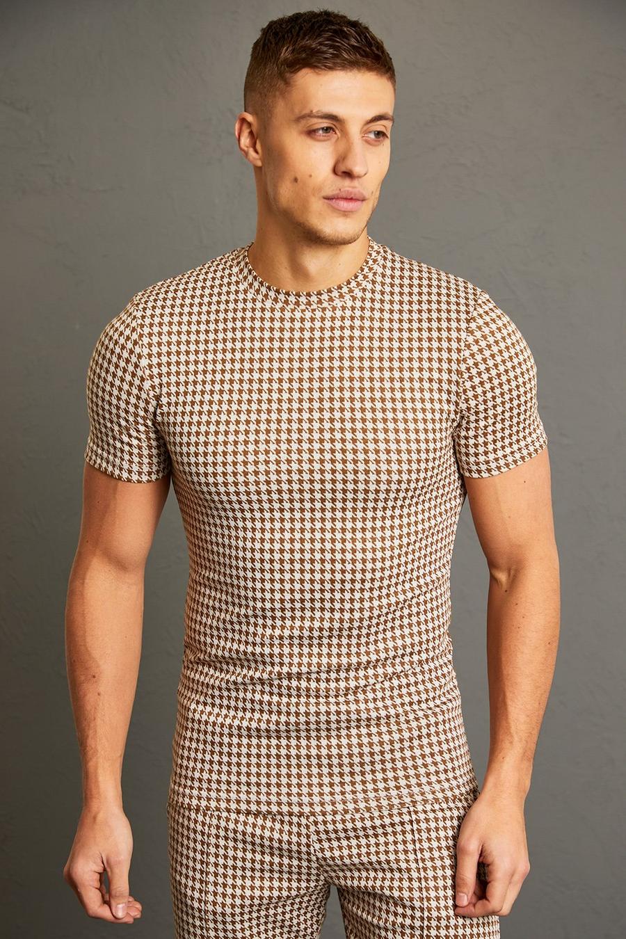 Chocolate brown Muscle Fit Houndstooth Jacquard T-shirt