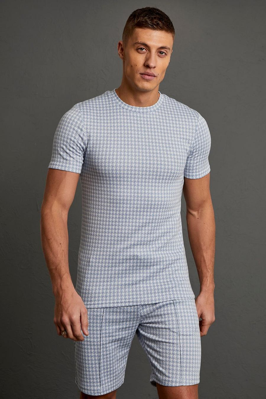 Blue Muscle Fit Houndstooth Jacquard T-shirt image number 1