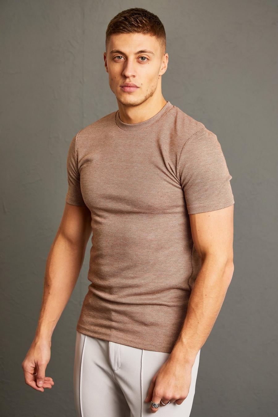 Brown Muscle Fit Mini Jacquard Check T-shirt image number 1