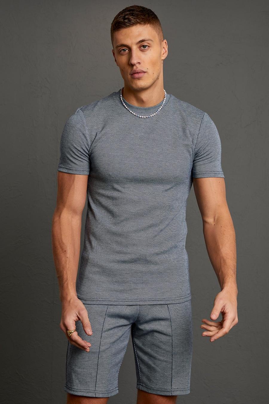 Navy Muscle Fit Mini Jacquard Check T-shirt image number 1