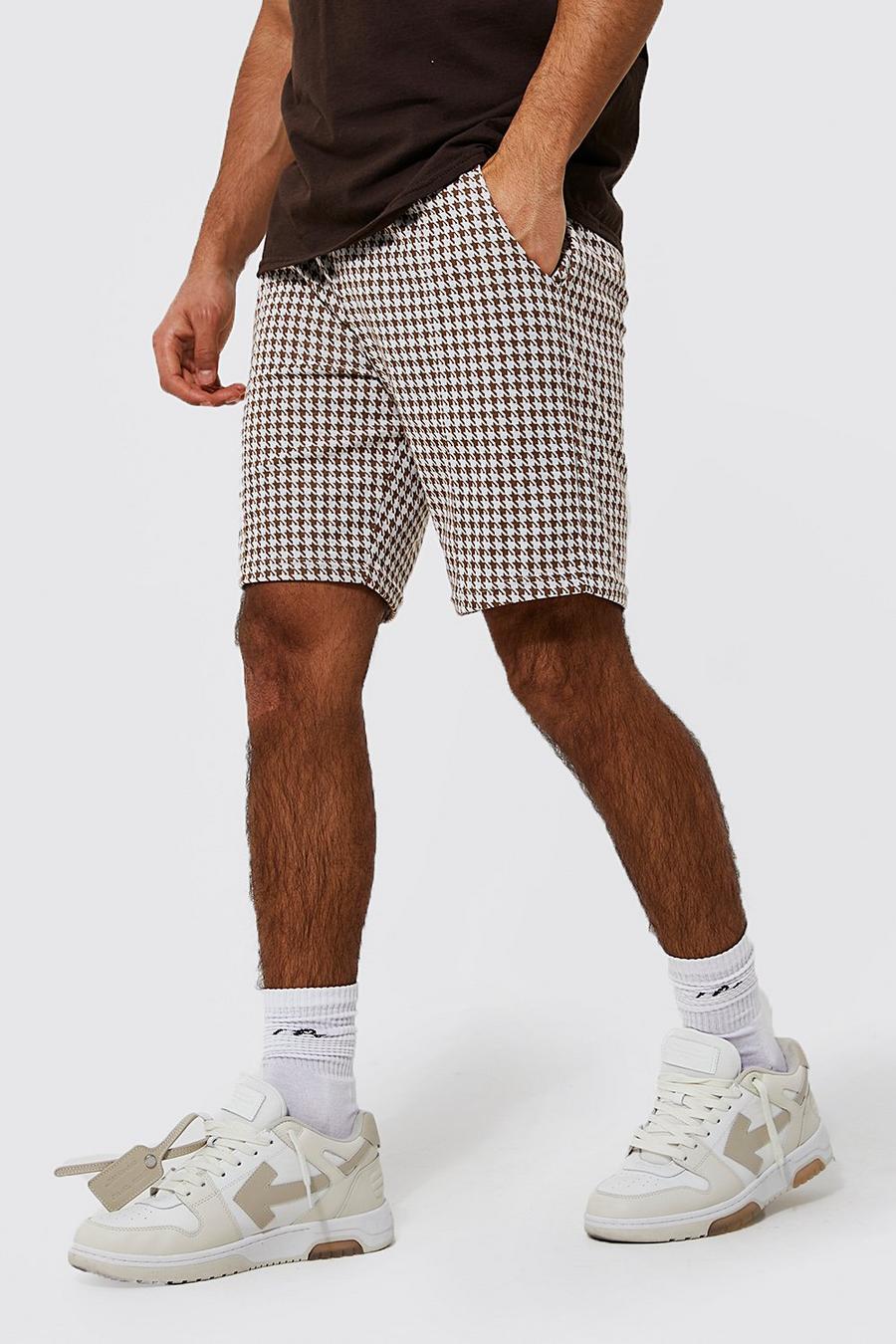 Chocolate Slim Fit Mid Houndstooth Jacquard Short