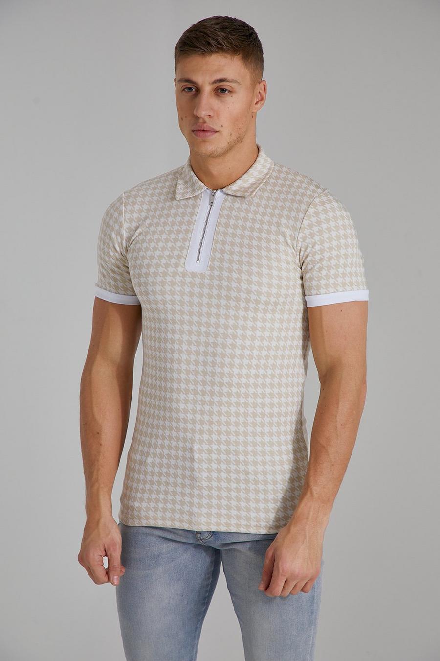 Stone beige Muscle Fit Houndstooth Jacquard Zip Polo