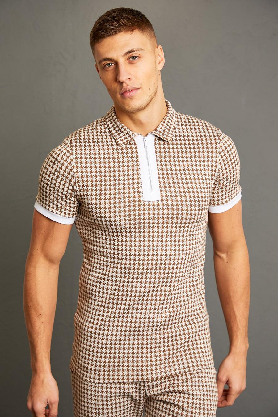 Chocolate Muscle Fit Houndstooth Jacquard Zip Polo image number 1