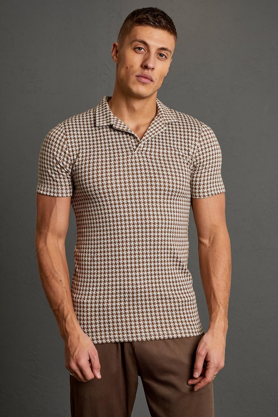 Chocolate Muscle Fit Houndstooth Jacquard Revere Polo image number 1