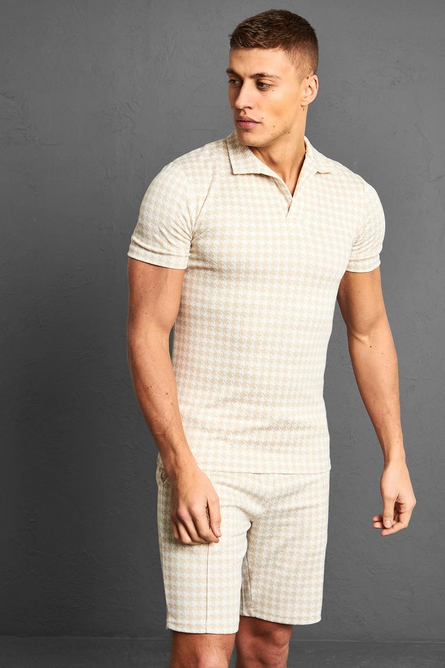 Stone beige Muscle Fit Houndstooth Jacquard Revere Polo
