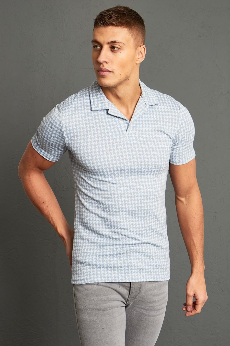 Blue Muscle Fit Houndstooth Jacquard Revere Polo image number 1