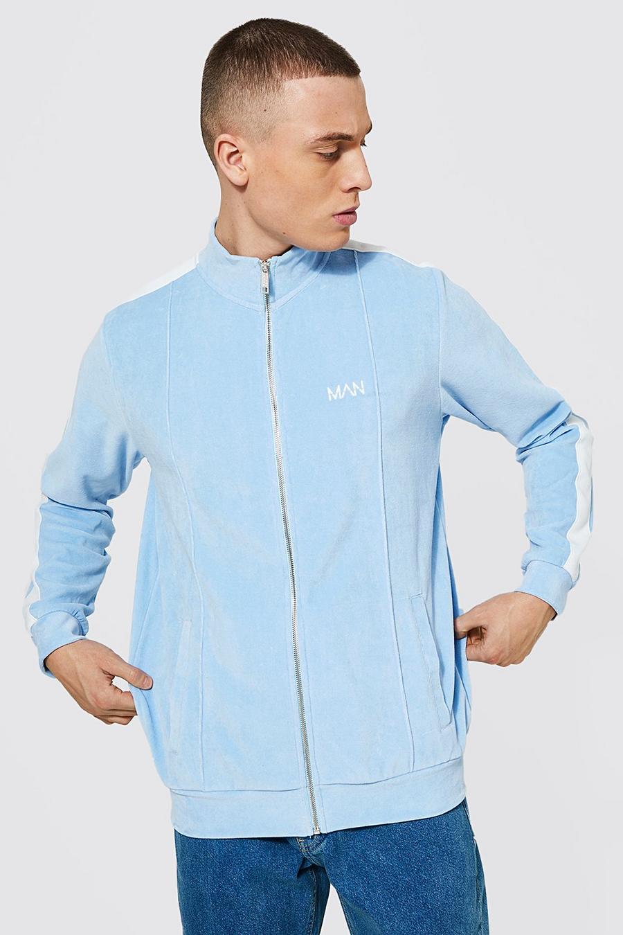 Blue azzurro Velour Pintuck Track Top With Tape
