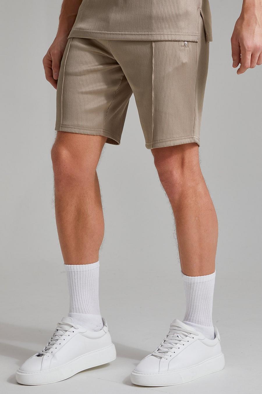 Taupe Slim Fit Mid Pleated Zip Pocket Shorts image number 1