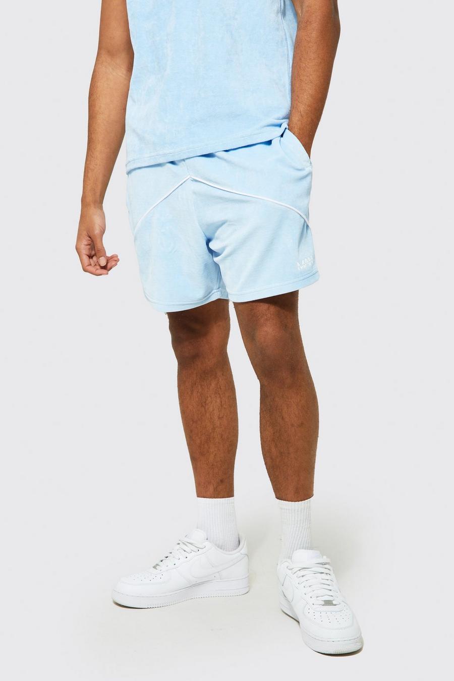 Blue Loose Fit Velour Panelled Short With Piping image number 1