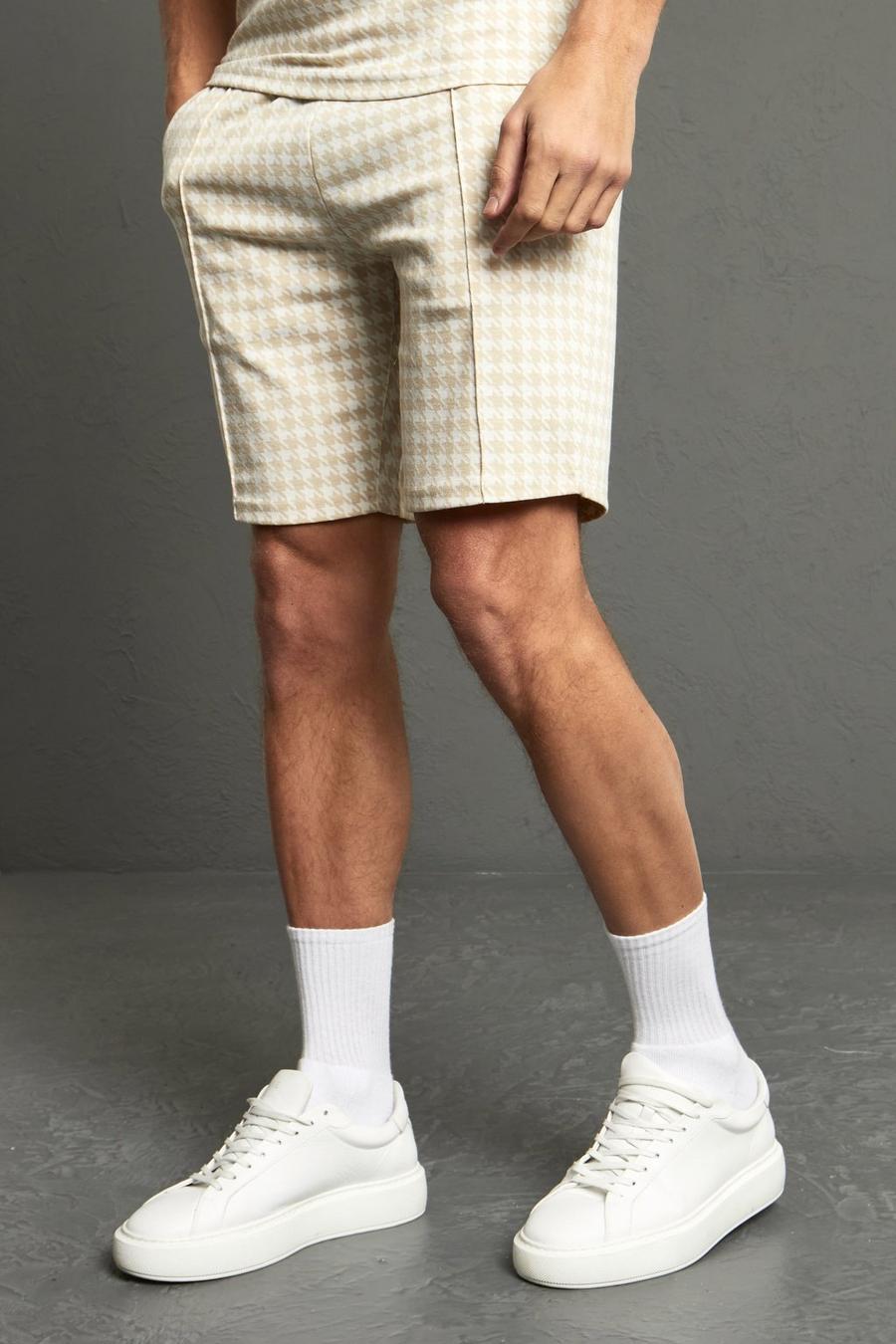 Slim Fit Jacquard Shorts mit Hahnentritt-Print, Stone beige