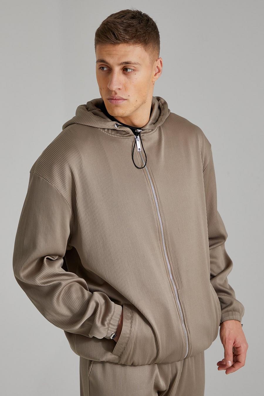 Taupe Oversized Zip Though Pleated Hoodie image number 1