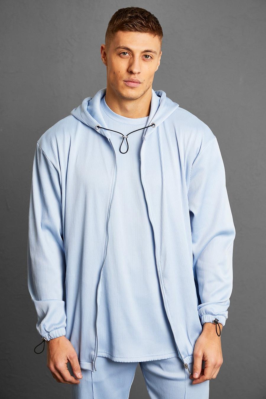 Pale blue bleu Oversized Zip Though Pleated Hoodie
