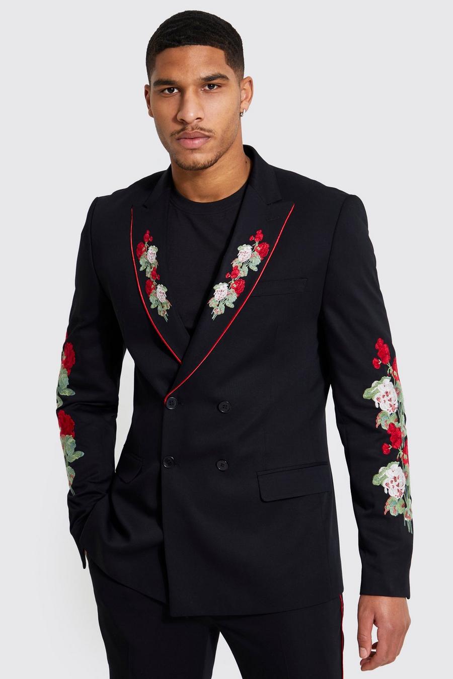 Chaqueta Tall de traje con botonadura doble y estampado de flores, Black image number 1